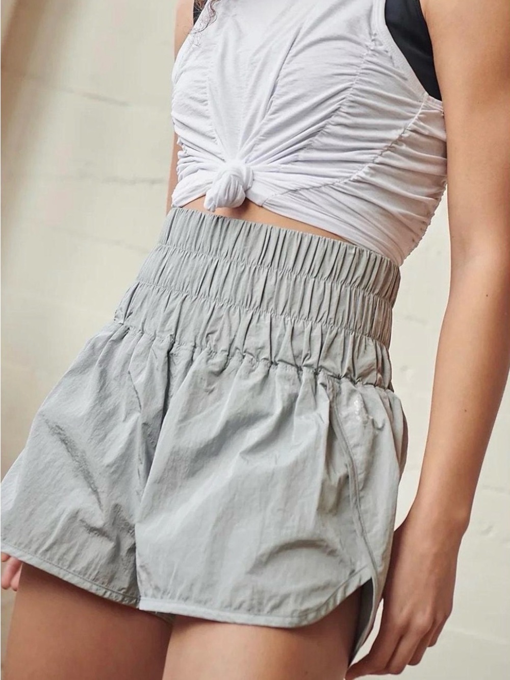 Free People Movement “The Way Home” High-Waist Smocked Shorts in Light Gray